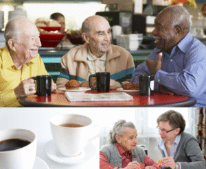 a collage of people having tea and talking 