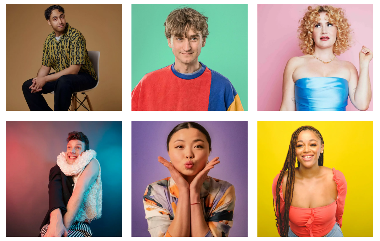 A collage of six people with colourful backgrounds
